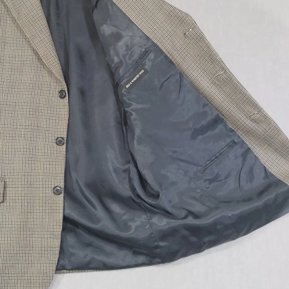 Vtg Andrew Fezza Silk Worsted Wool Sport Coat Blazer 42R Brown Houndstooth Check